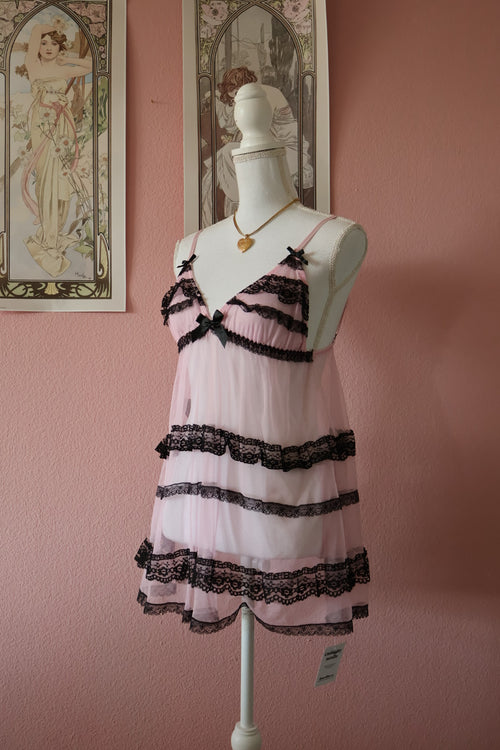 Black Pink Ruffle Mesh Babydoll (One size S/M/L)